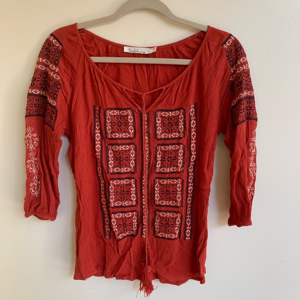 3/4 Sleeve Embroidered Crepe Top